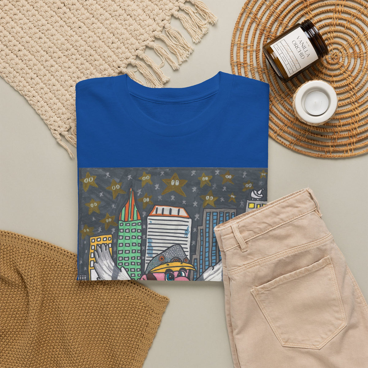 Pigeon Mario "Angel Penguin" City Night T-Shirt — Cute Winged Penguin with Statue of Liberty