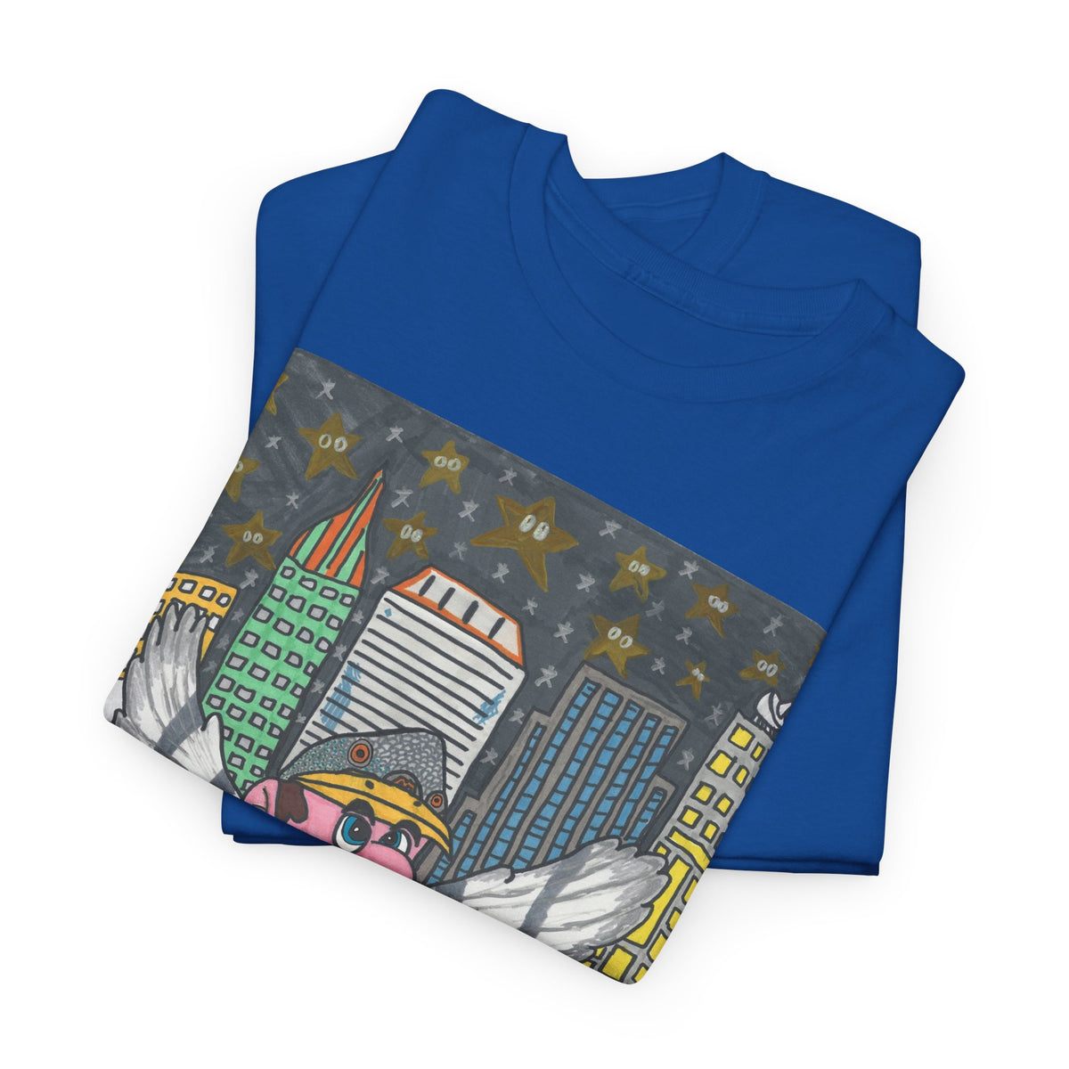 Pigeon Mario "Angel Penguin" City Night T-Shirt — Cute Winged Penguin with Statue of Liberty
