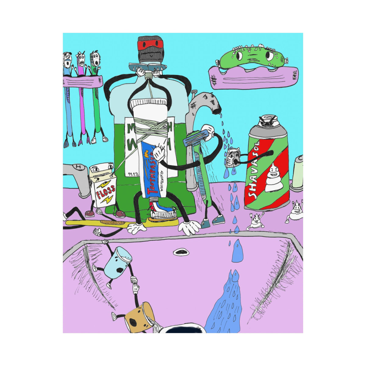 Bathroom Fight Poster — Surreal Pop Art Matte Vertical Print