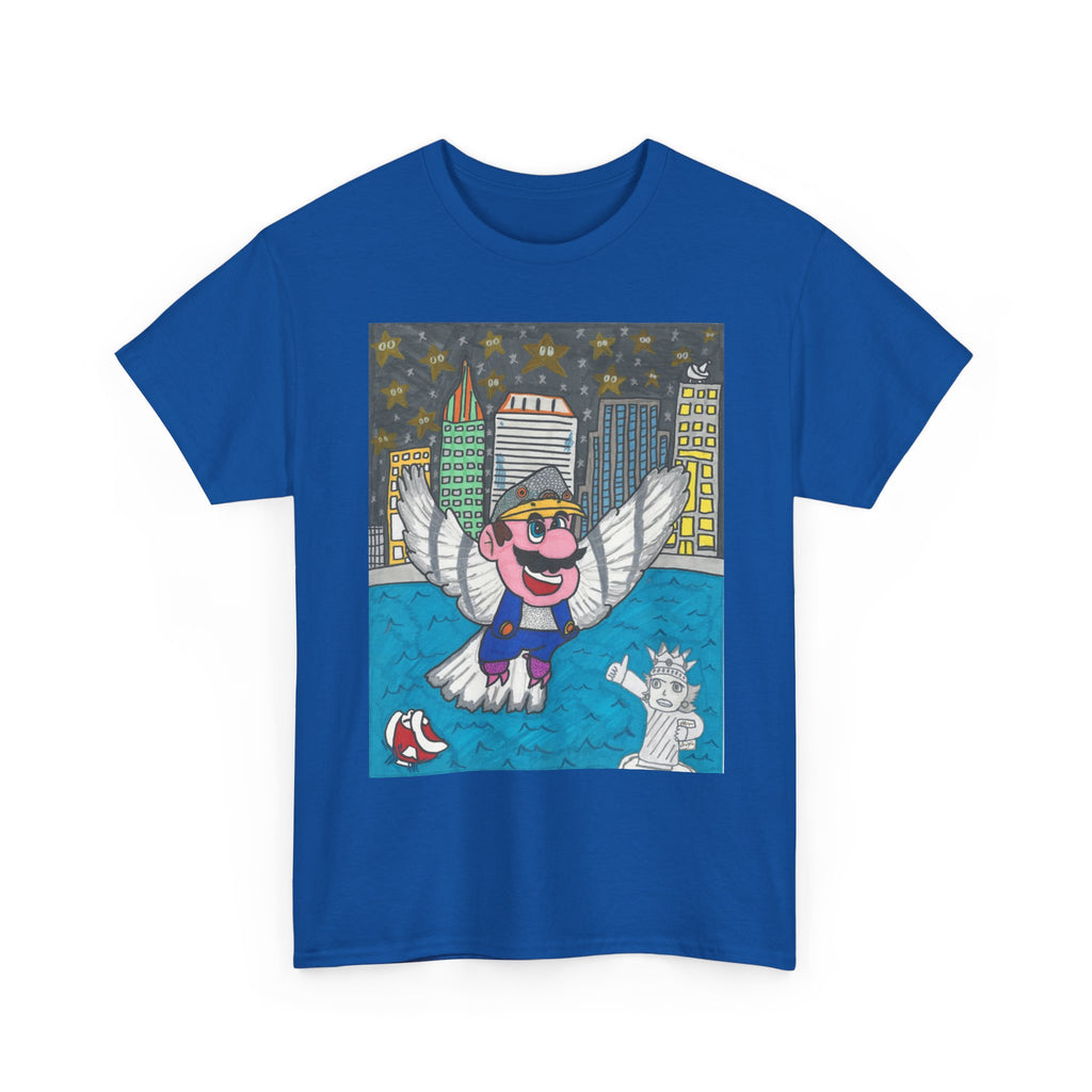 Pigeon Mario "Angel Penguin" City Night T-Shirt — Cute Winged Penguin with Statue of Liberty