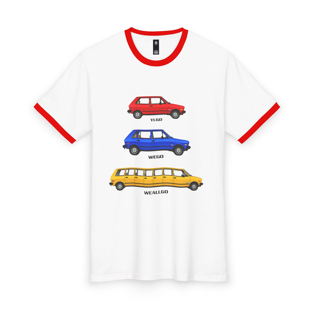 YUGO WEGO WEALLGO Car Evolution Ringer Tee – Red, Blue & Yellow Vintage Vehicles