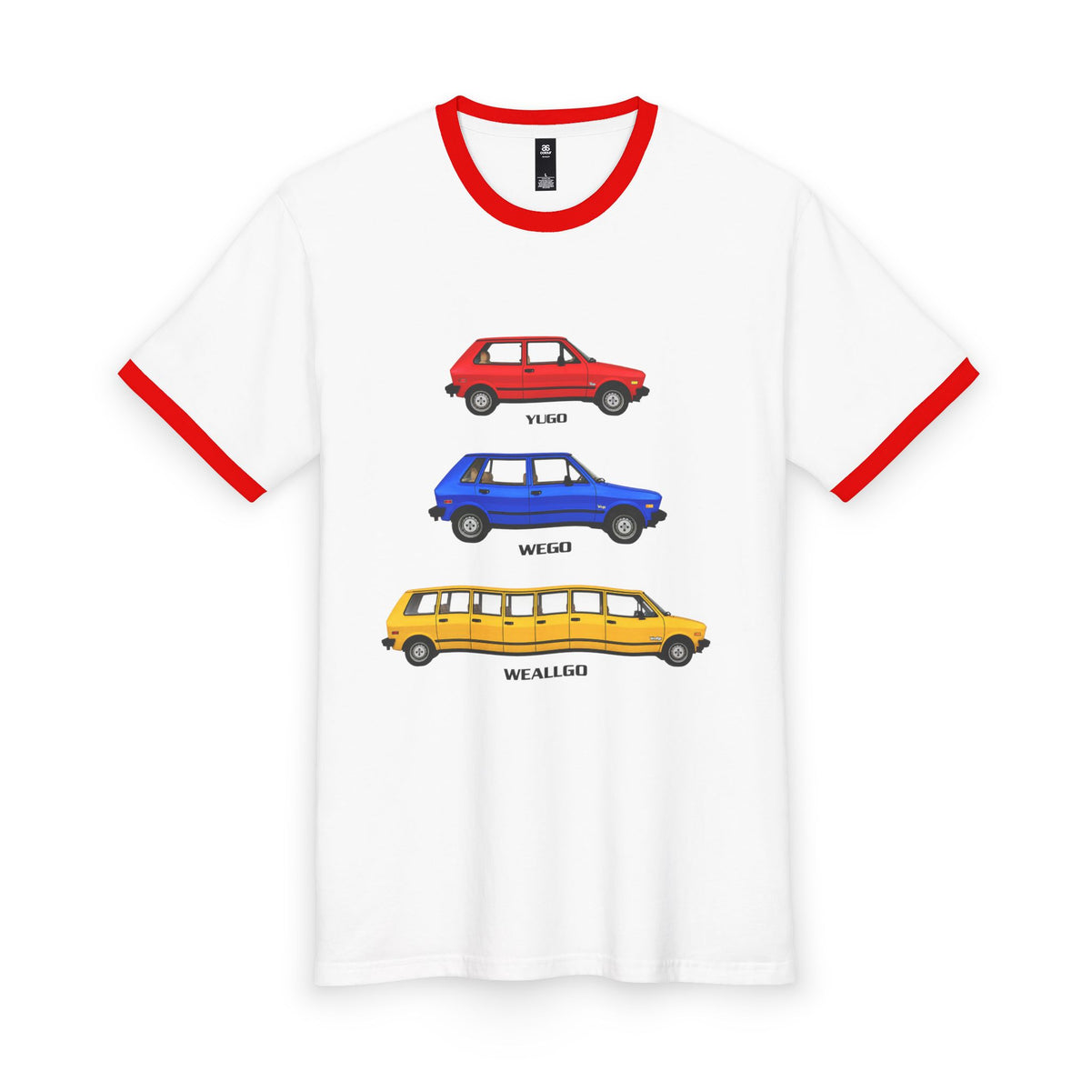 YUGO WEGO WEALLGO Car Evolution Ringer Tee – Red, Blue & Yellow Vintage Vehicles